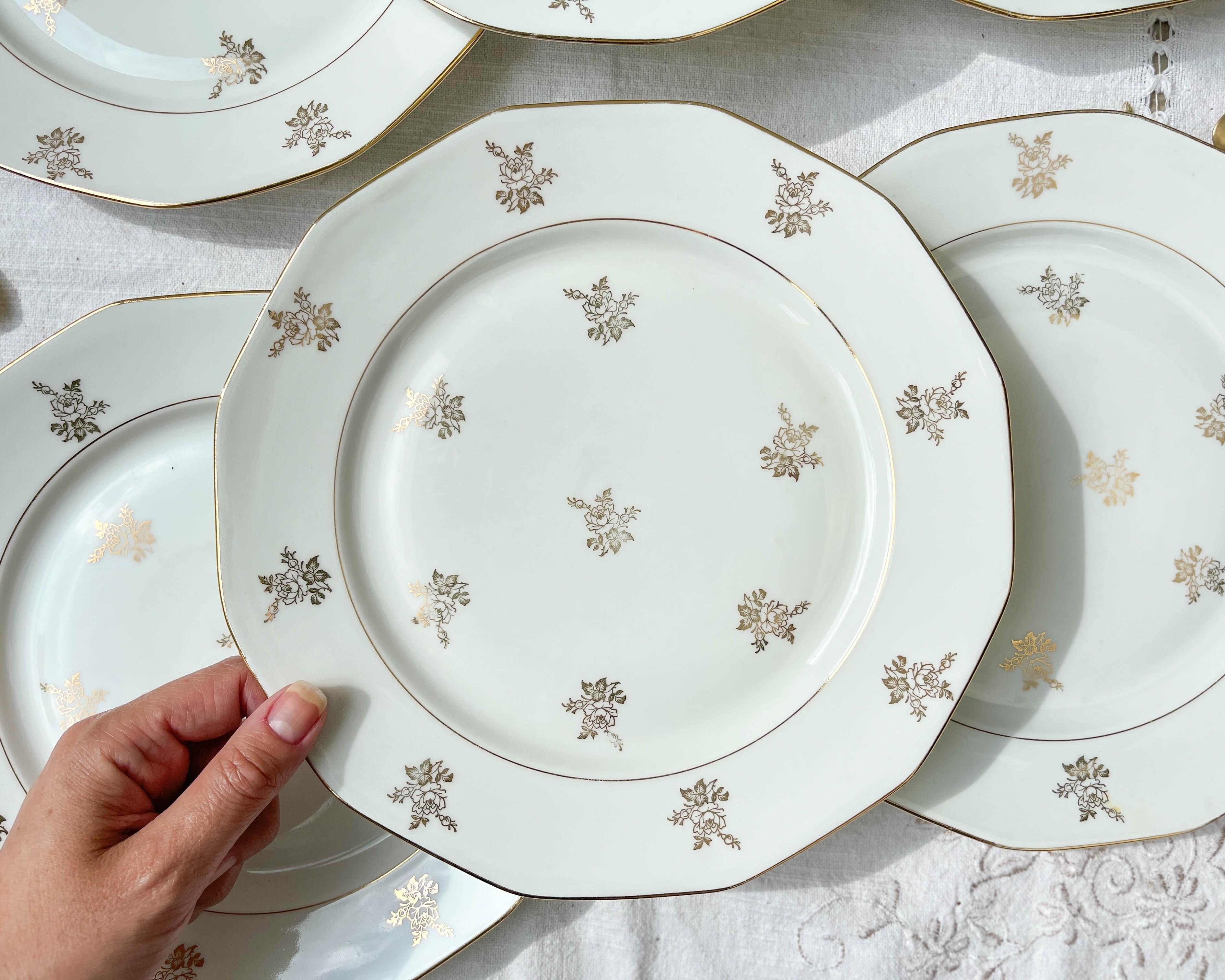 6 Flat plates porcelain white flowers golden Limoges Mehun