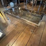Belgo chrome coffee table hollywood regency style, chrome steel & glass, ca 1970