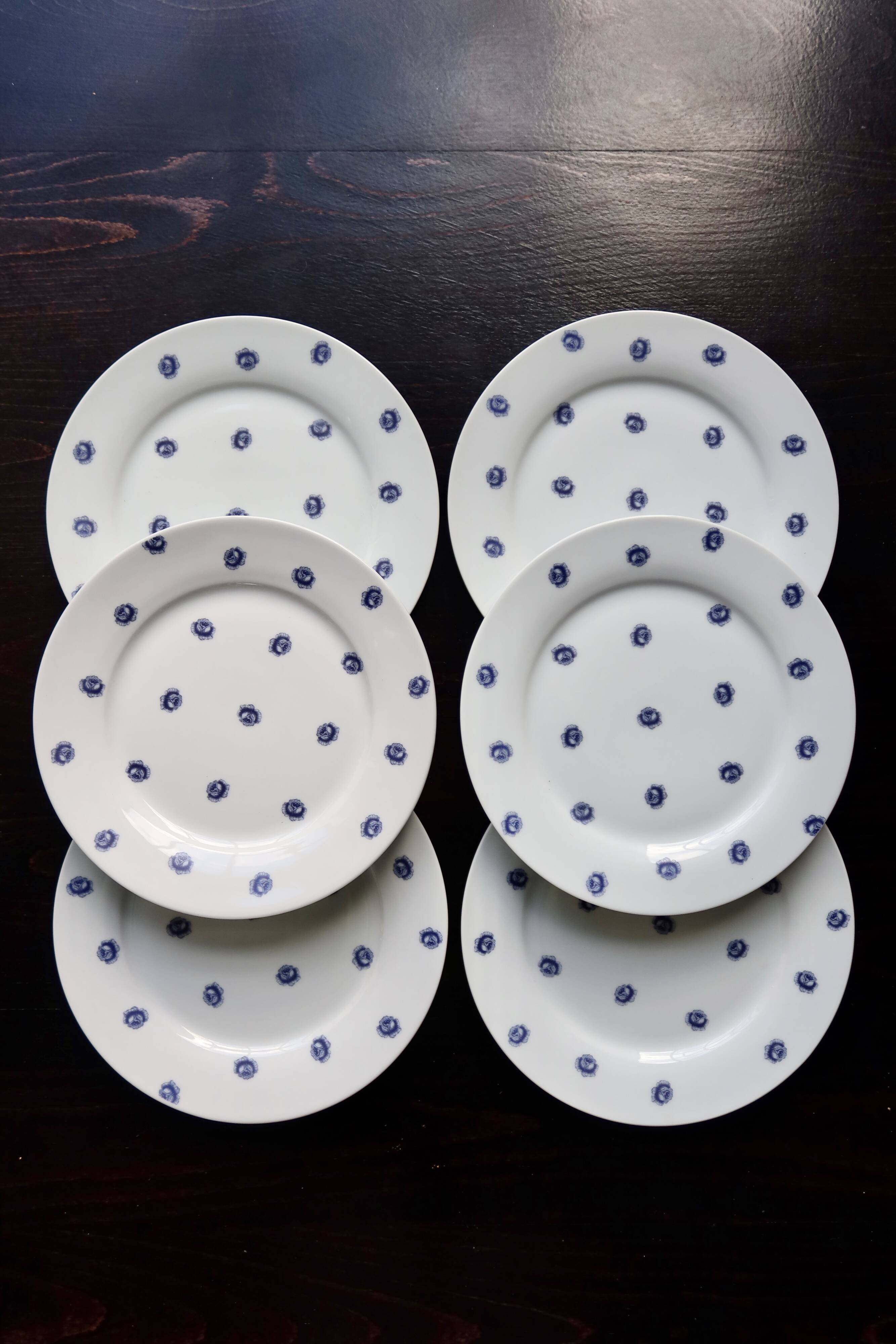 6 vintage white porcelain dinner plates with blue roses