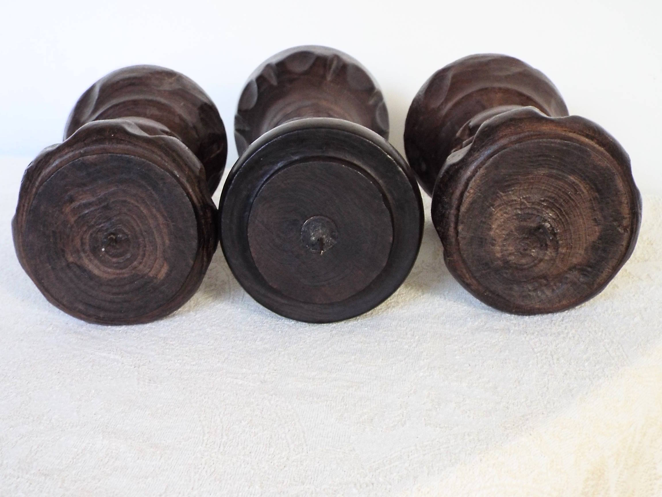 3 turned wooden candle holders