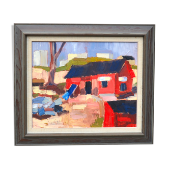 Scandinavian mid 20th century landscape with red house, oil painting on canvas, signed, framed