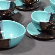 Vallauris coffee service in black and turquoise earthenware.