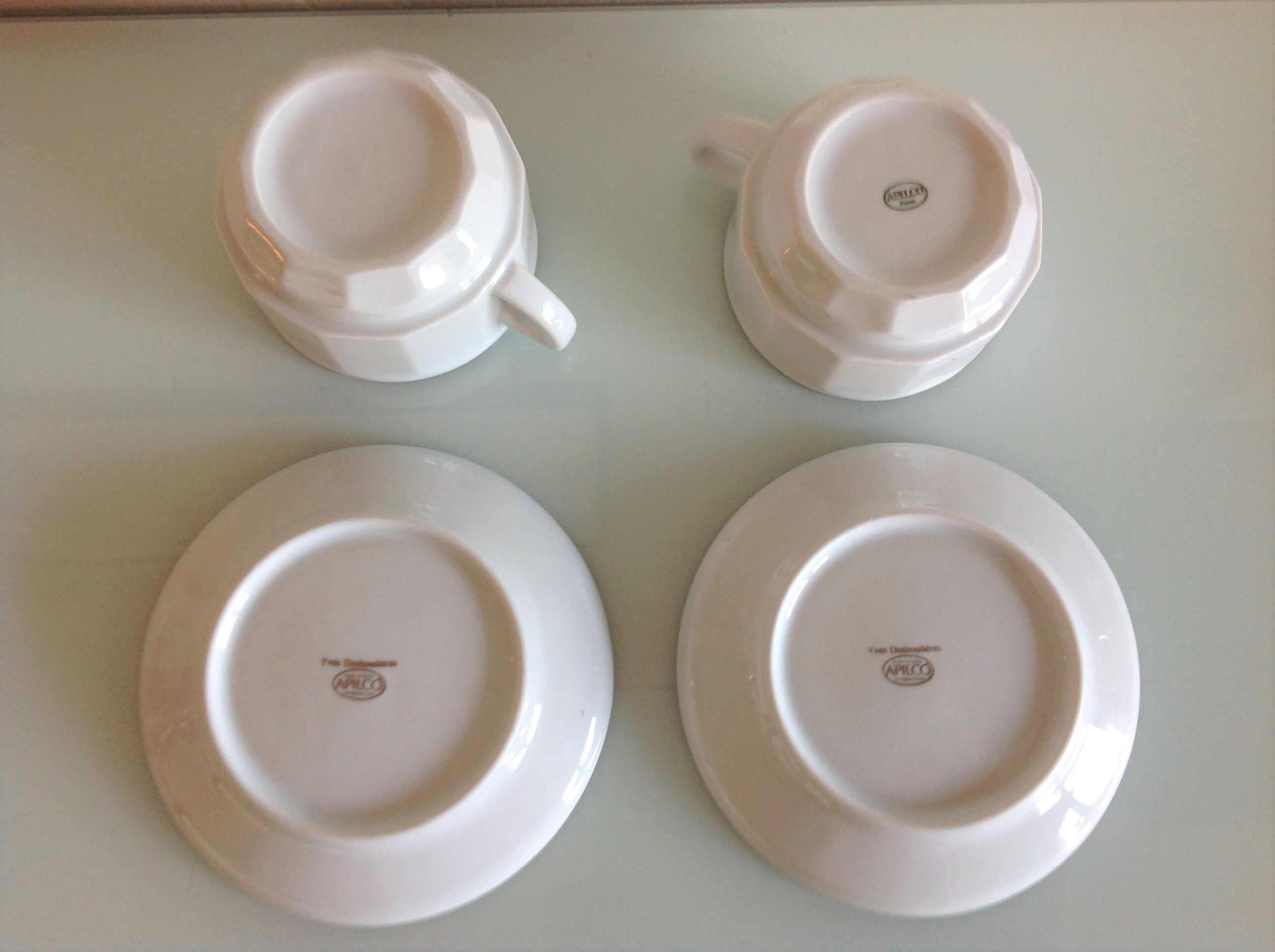 Two white cups with saucers by Apilco vintage 60-70s