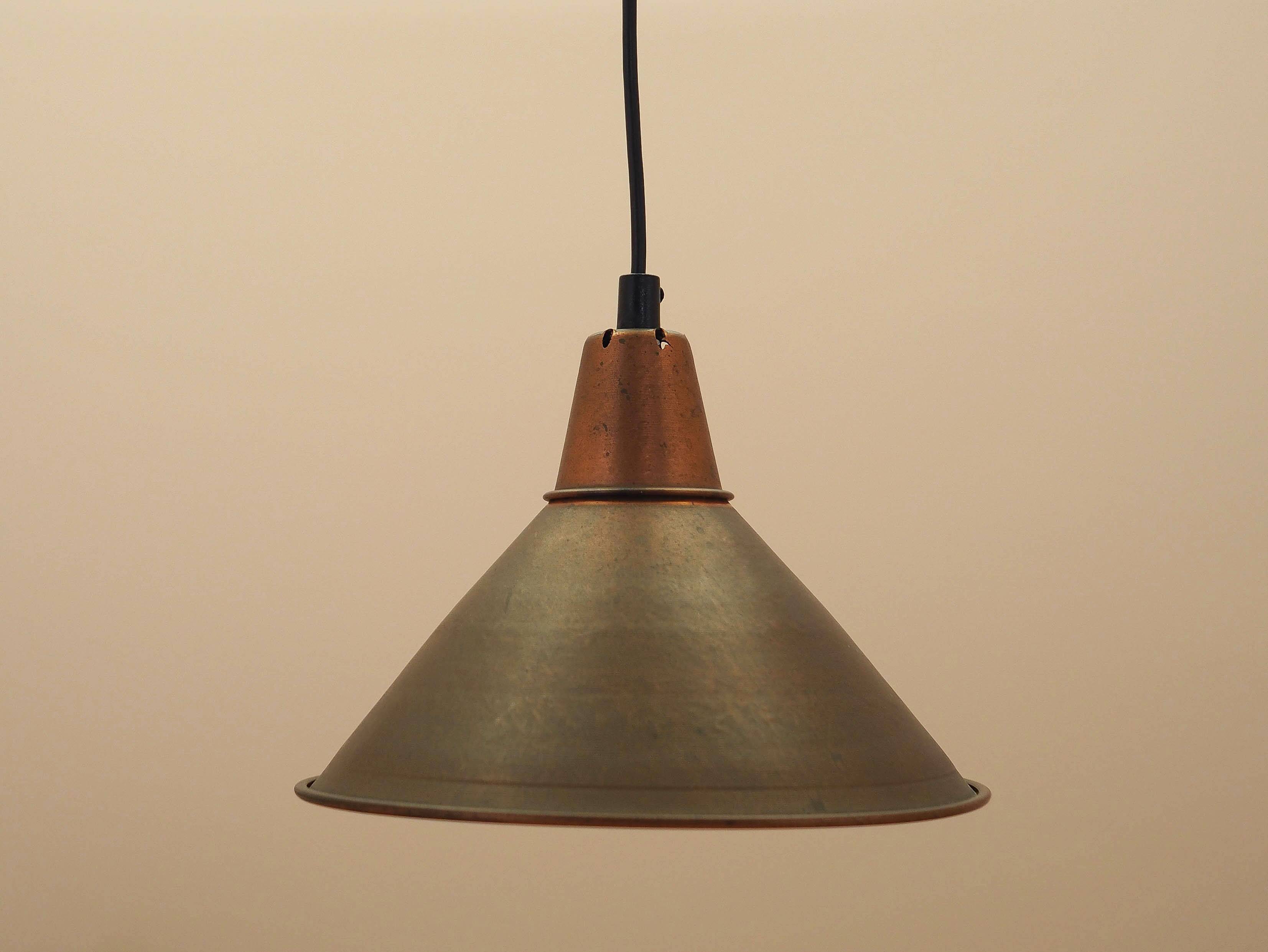Danish Brass Pendant Lamp, Industrial Cone Shade, 1960s