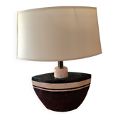 Table lamp in black and pink stone marquetry with a silk shade.