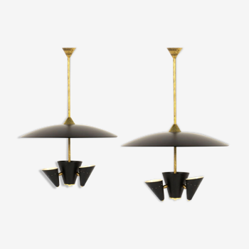 Pair of Italian chandeliers in brass and metal lacquered black
