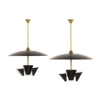 Pair of Italian chandeliers in brass and metal lacquered black