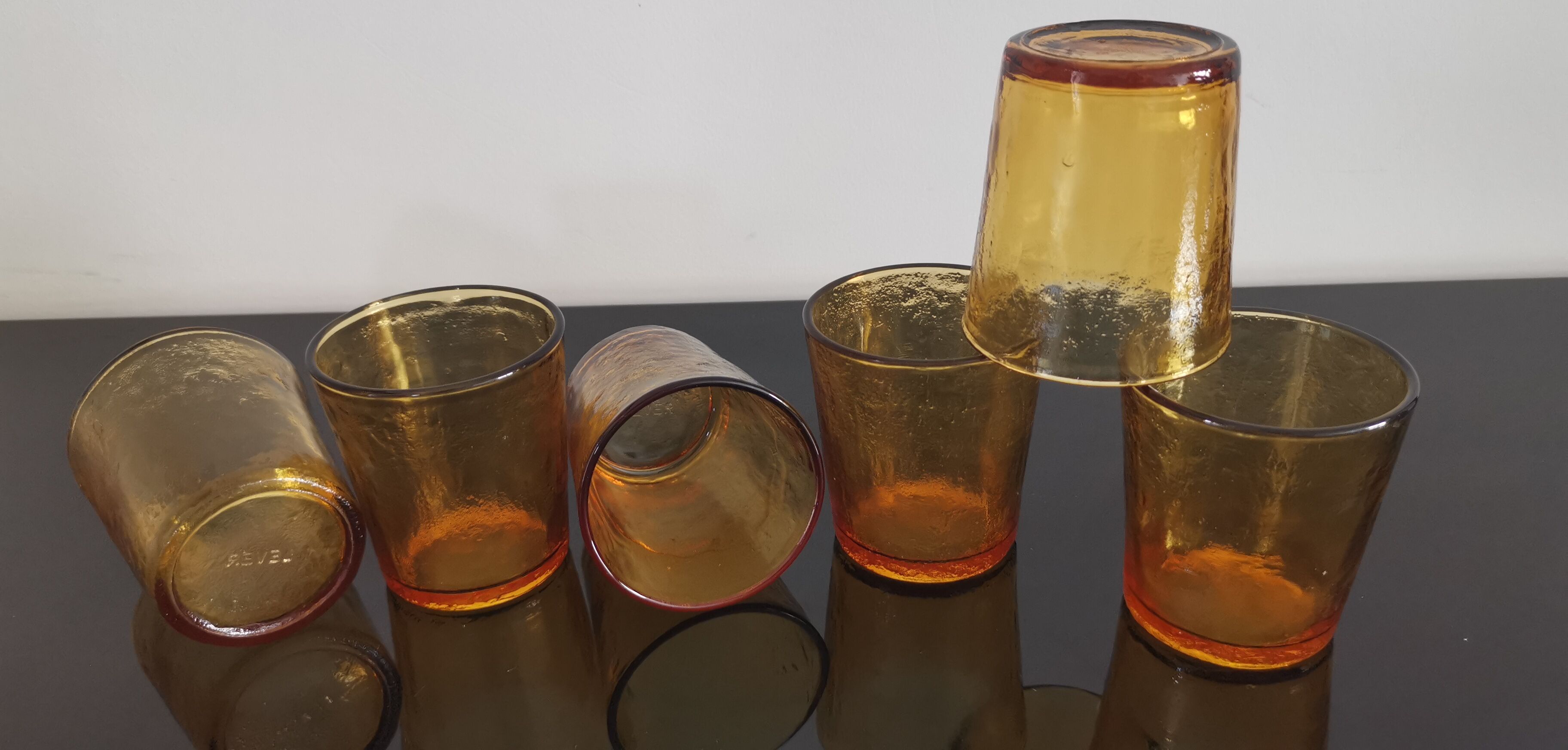 6 old amber colored glasses "lever" year 1970