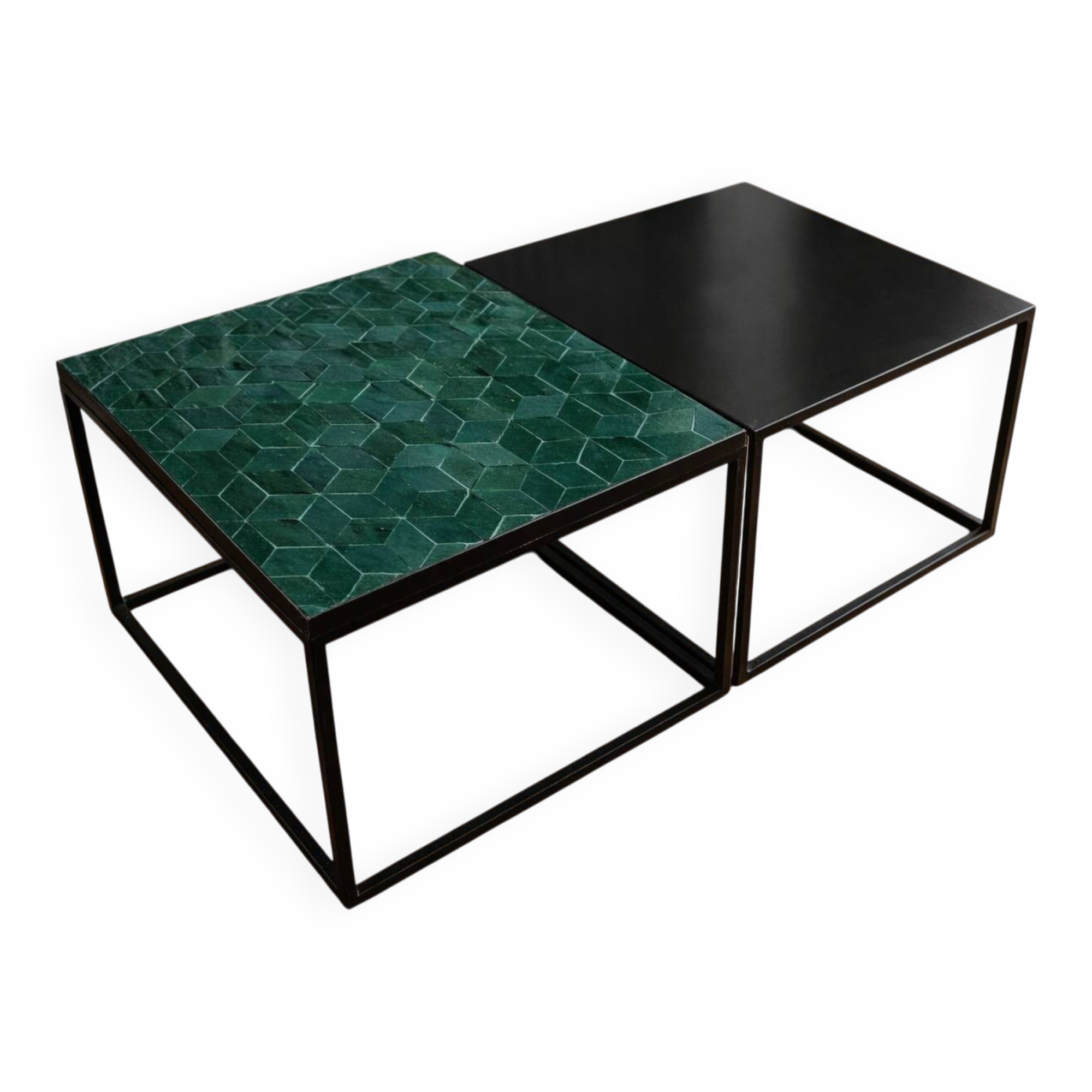 Wrought iron coffee tables & emerald green Moroccan zellige