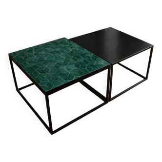 Wrought iron coffee tables & emerald green Moroccan zellige