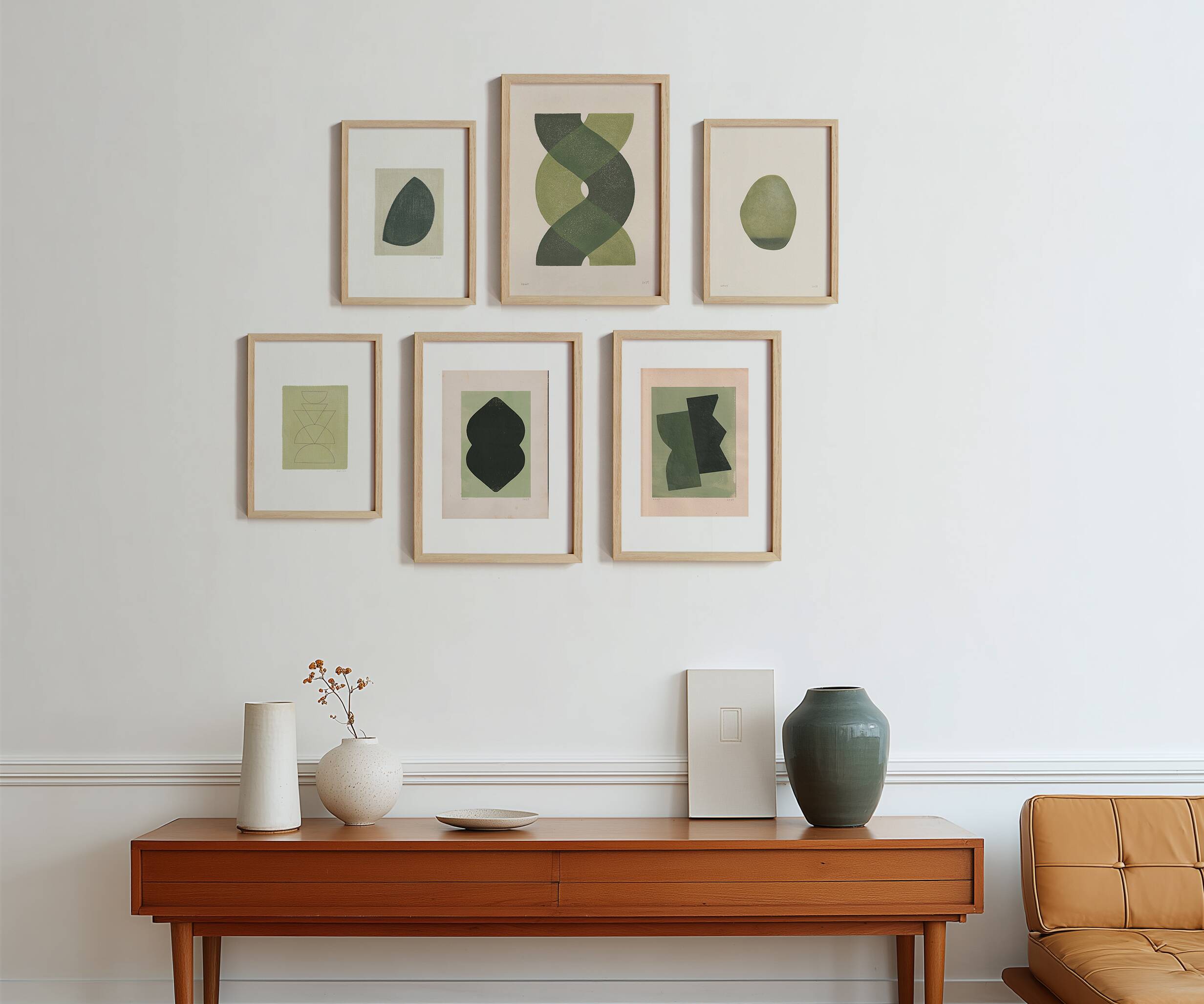 Collection of 6 abstract paintings on sage green paper, signed Eawy