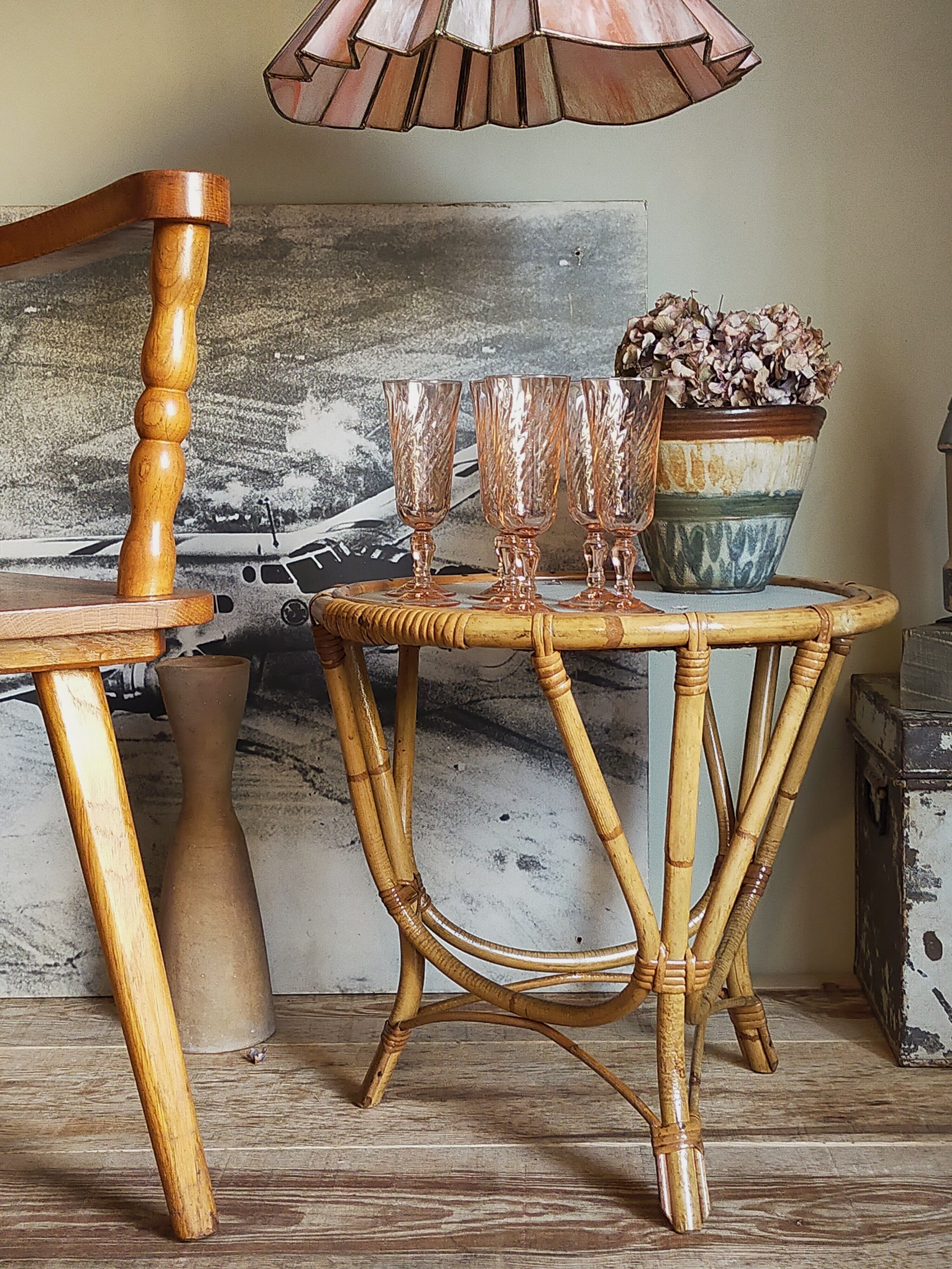 Tripod booster coffee table in rattan 50s
