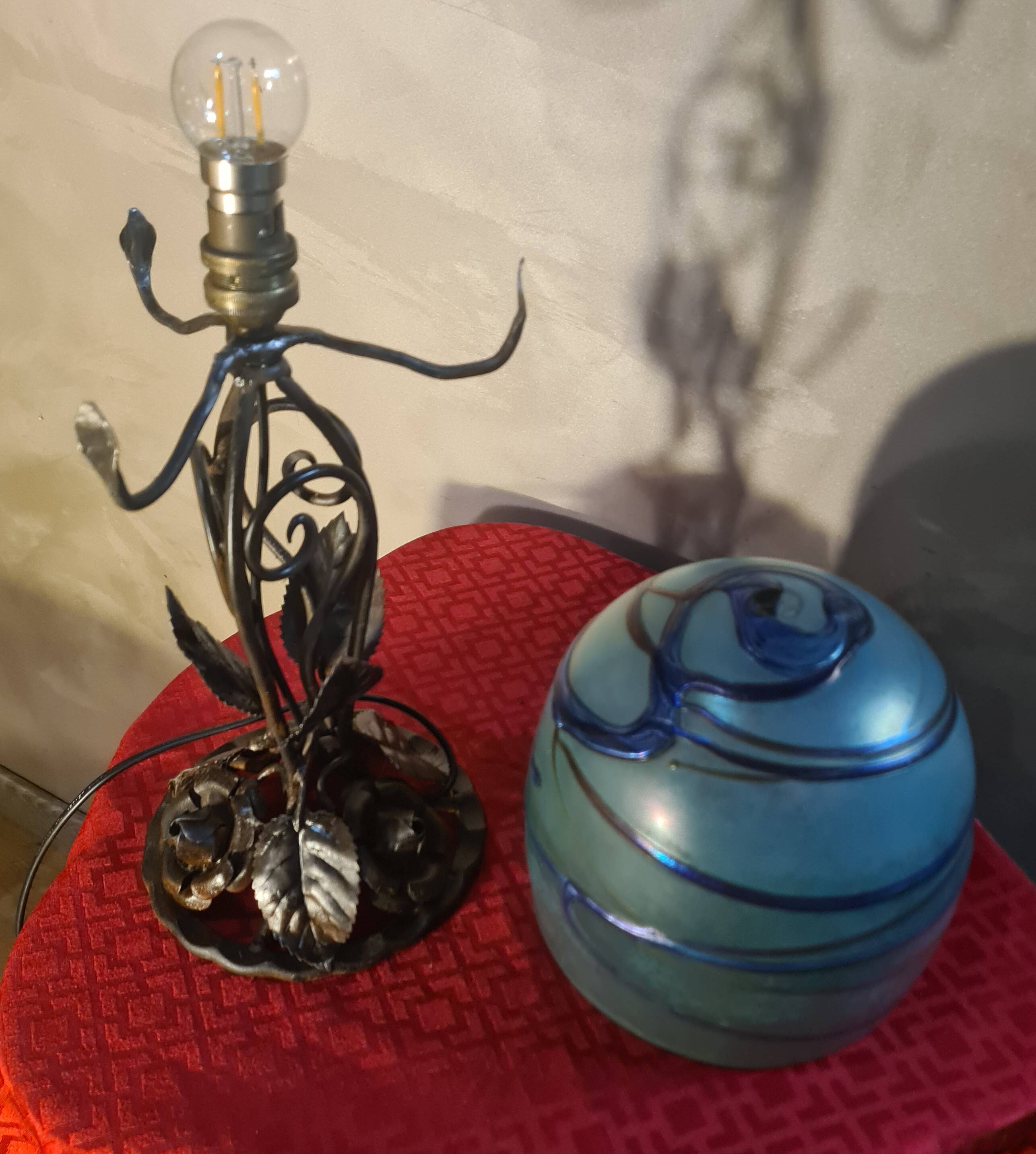 superb thick wrought iron Art Nouveau lamp, Kralik Loetz glass paste,