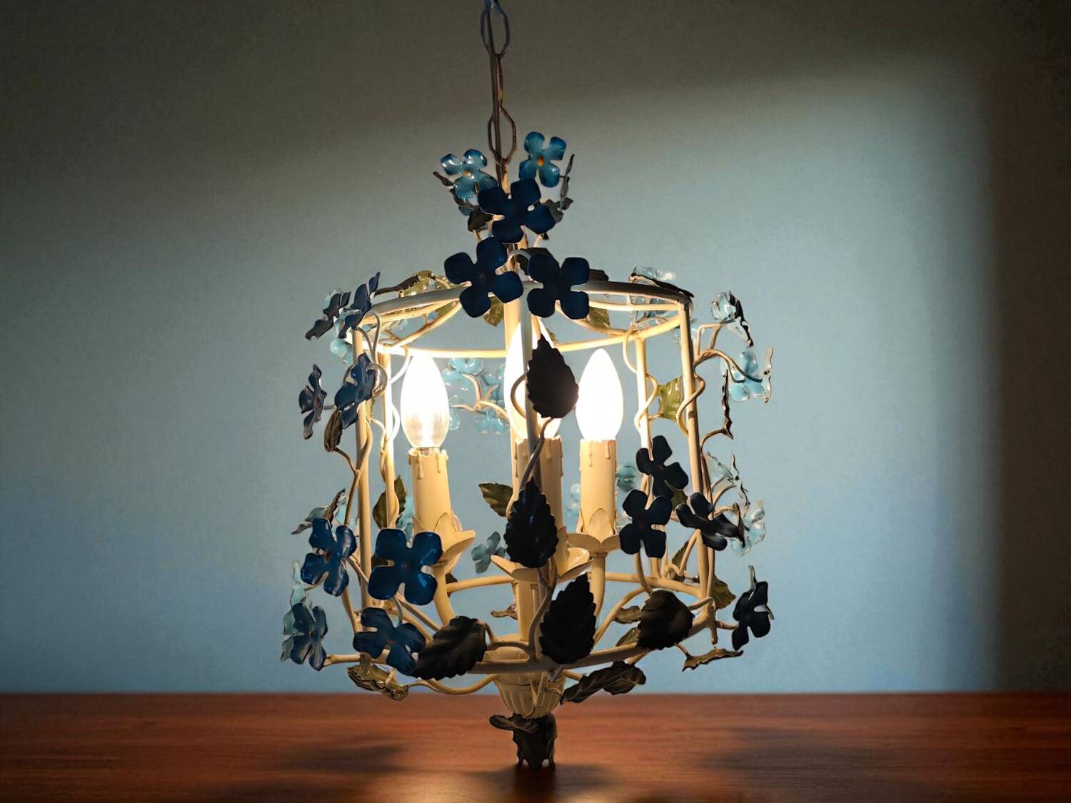 Vintage 1950s Italian Wrought Iron Floral Chandelier – Hand-Painted
