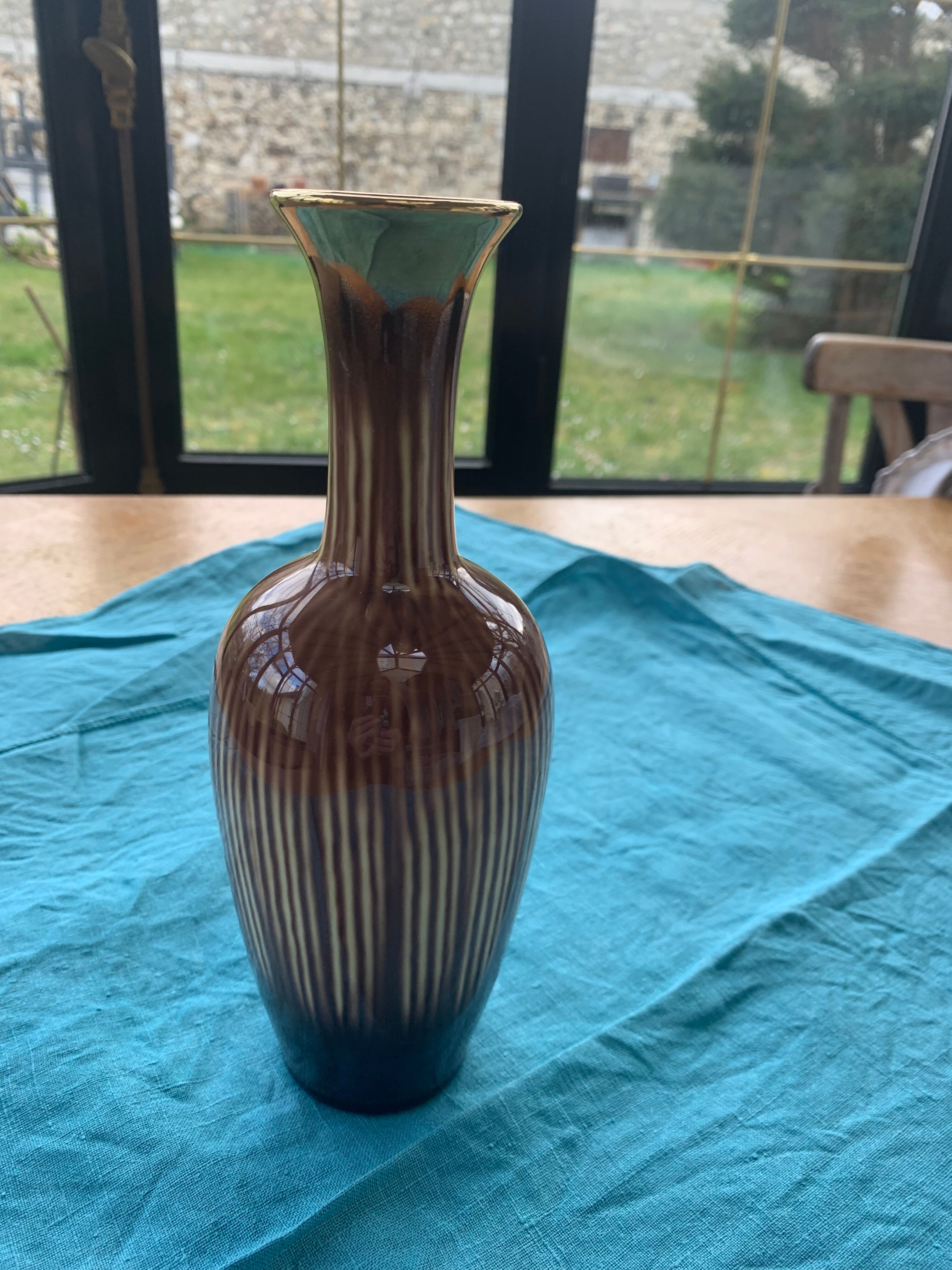 Soliflore vase in beige and gold glazed ceramic, numbered and vintage