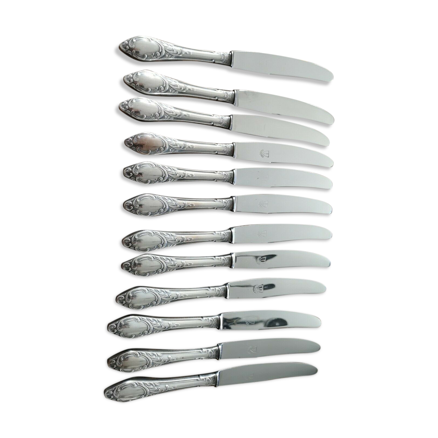 Series of 12 entremet knives in silver metal stainless steel blade louis XV Marly floral style
