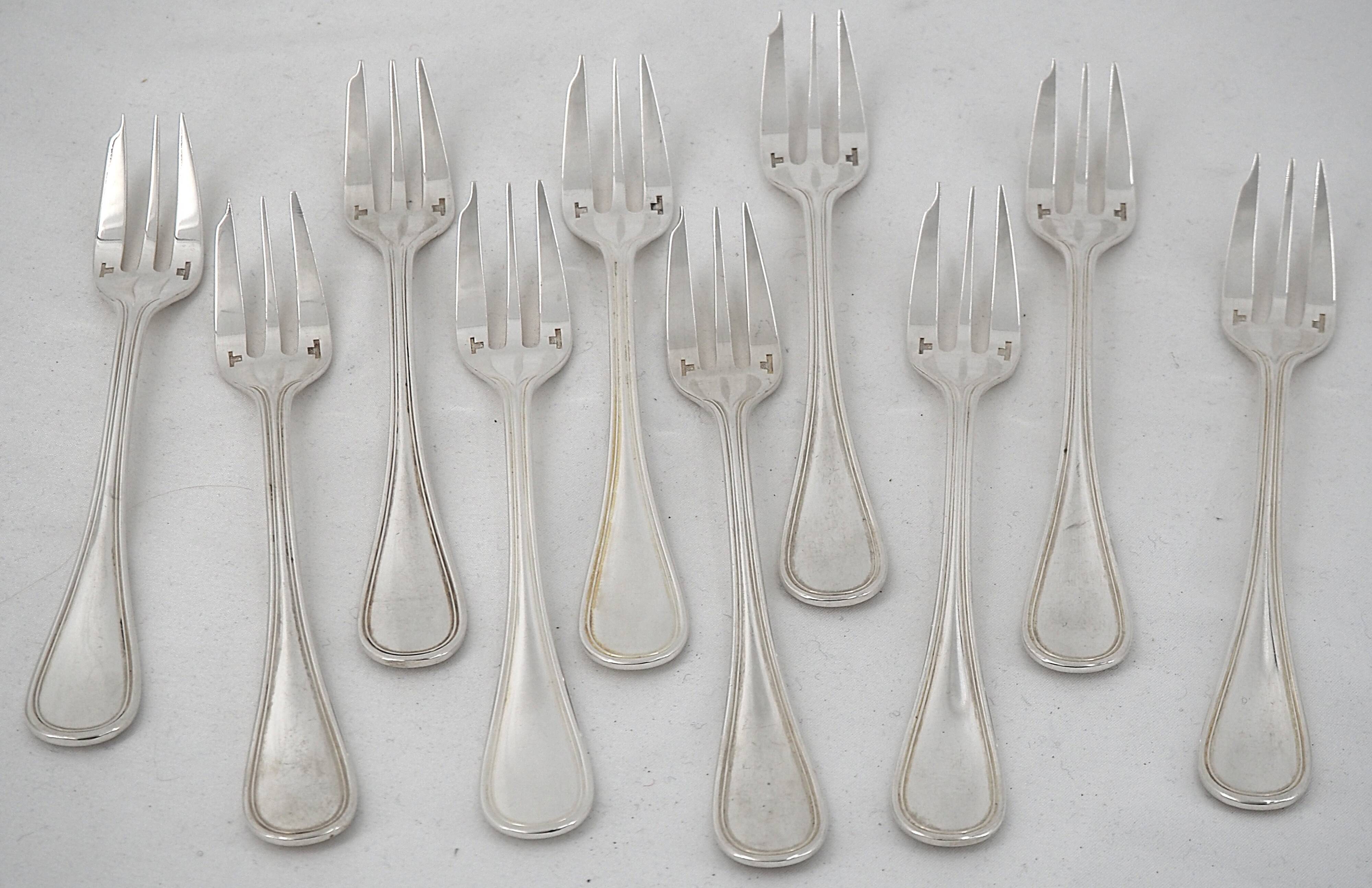 Christofle Albi, 10 silver-plated cake forks, excellent condition.