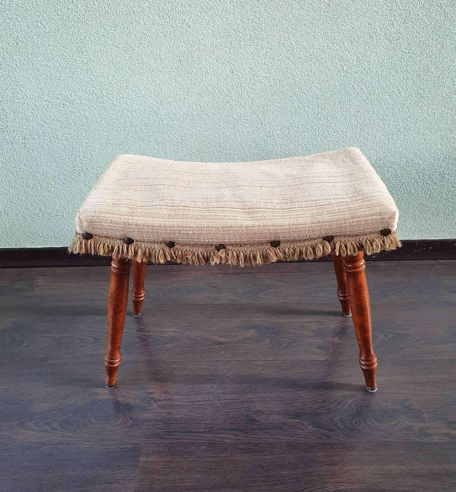 Vintage wooden footrest with 1970 fringed fabric coating