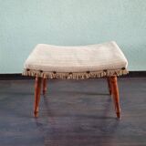 Vintage wooden footrest with 1970 fringed fabric coating