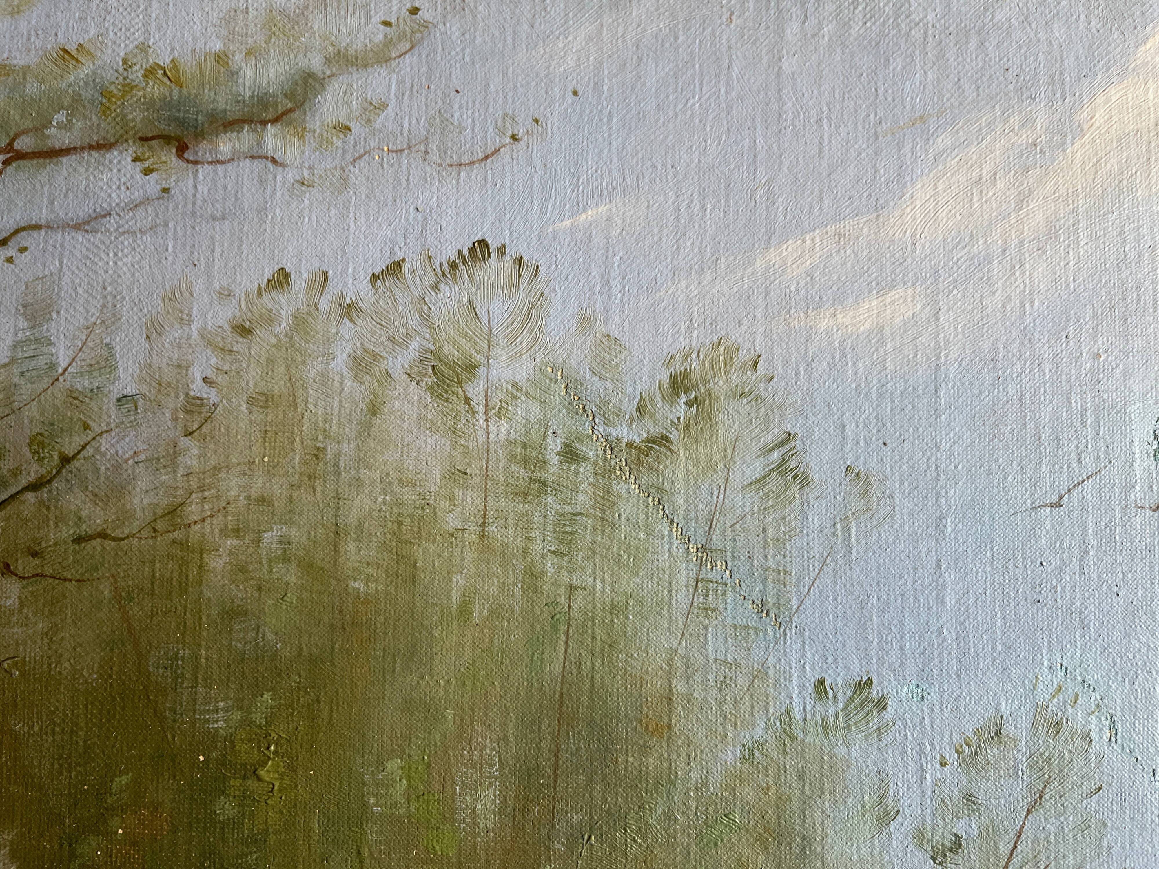 HST painting "Landscape along the water with cows" signed Paul Nicolet (20th century)