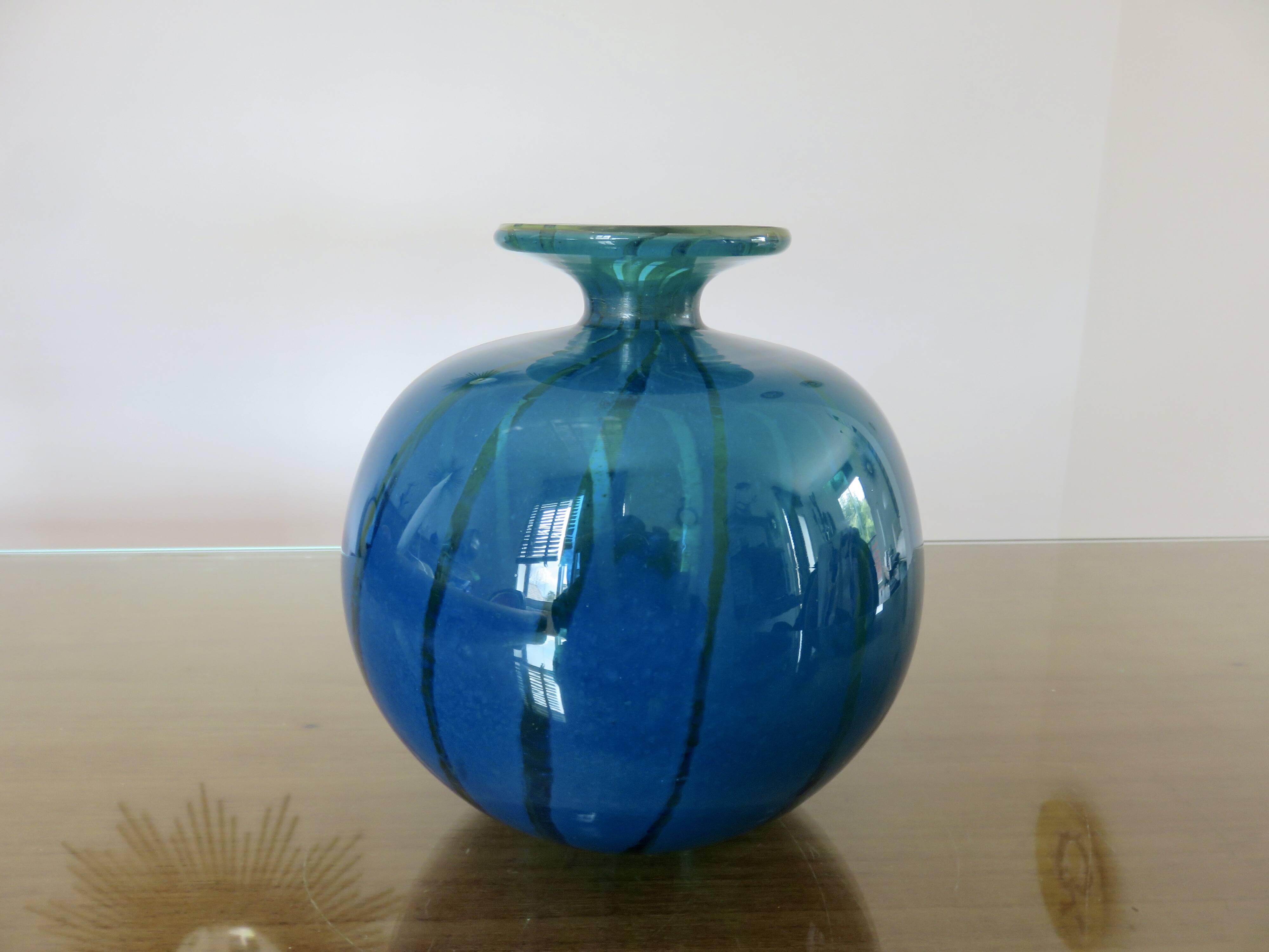 Ball vase, Mdina, Malta, signed, in blue blown glass, year 1983