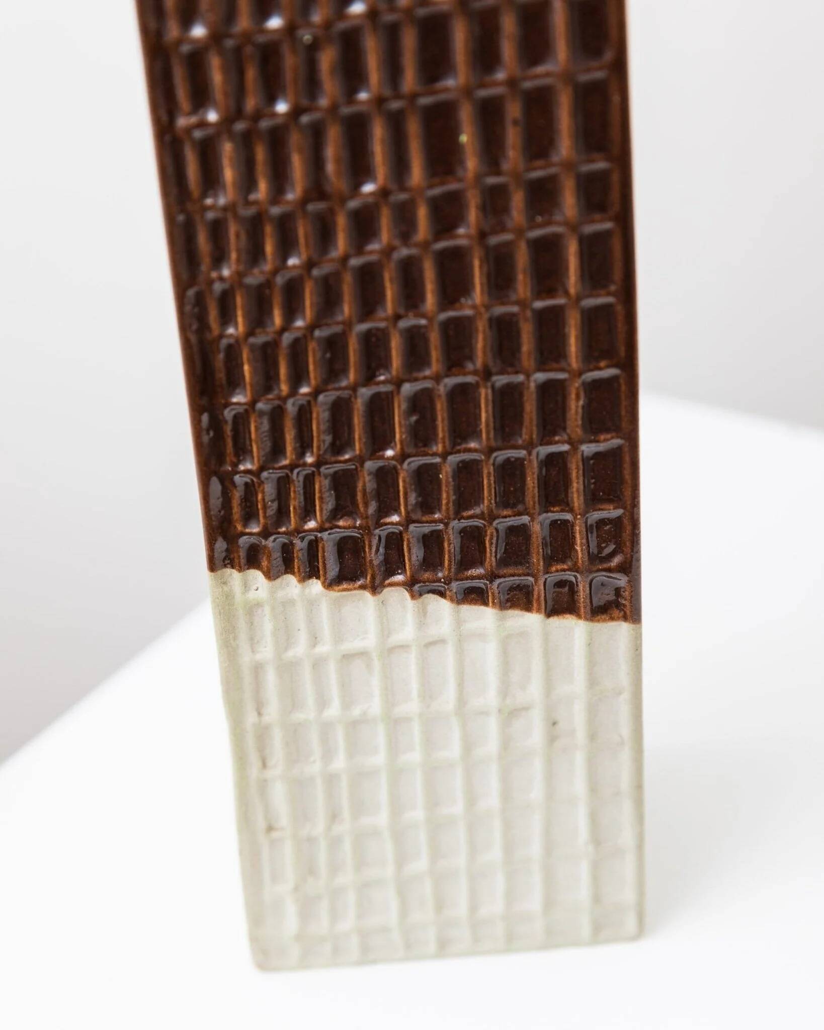 Brown ceramic skyscraper vase, Czech mid-century 1960s design, textured grid