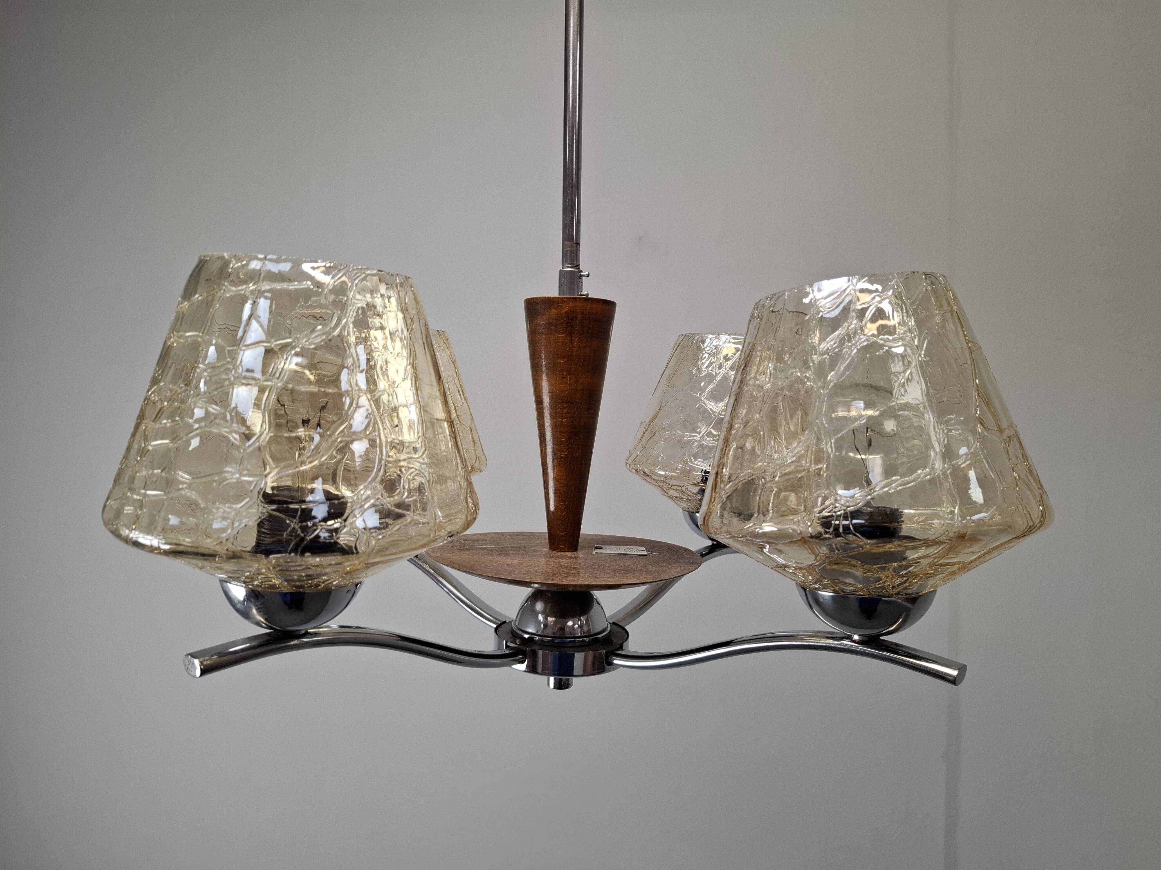1960s Napako Mid-Century Modern Czech Four-Arm Glass Wood Chrome Chandelier