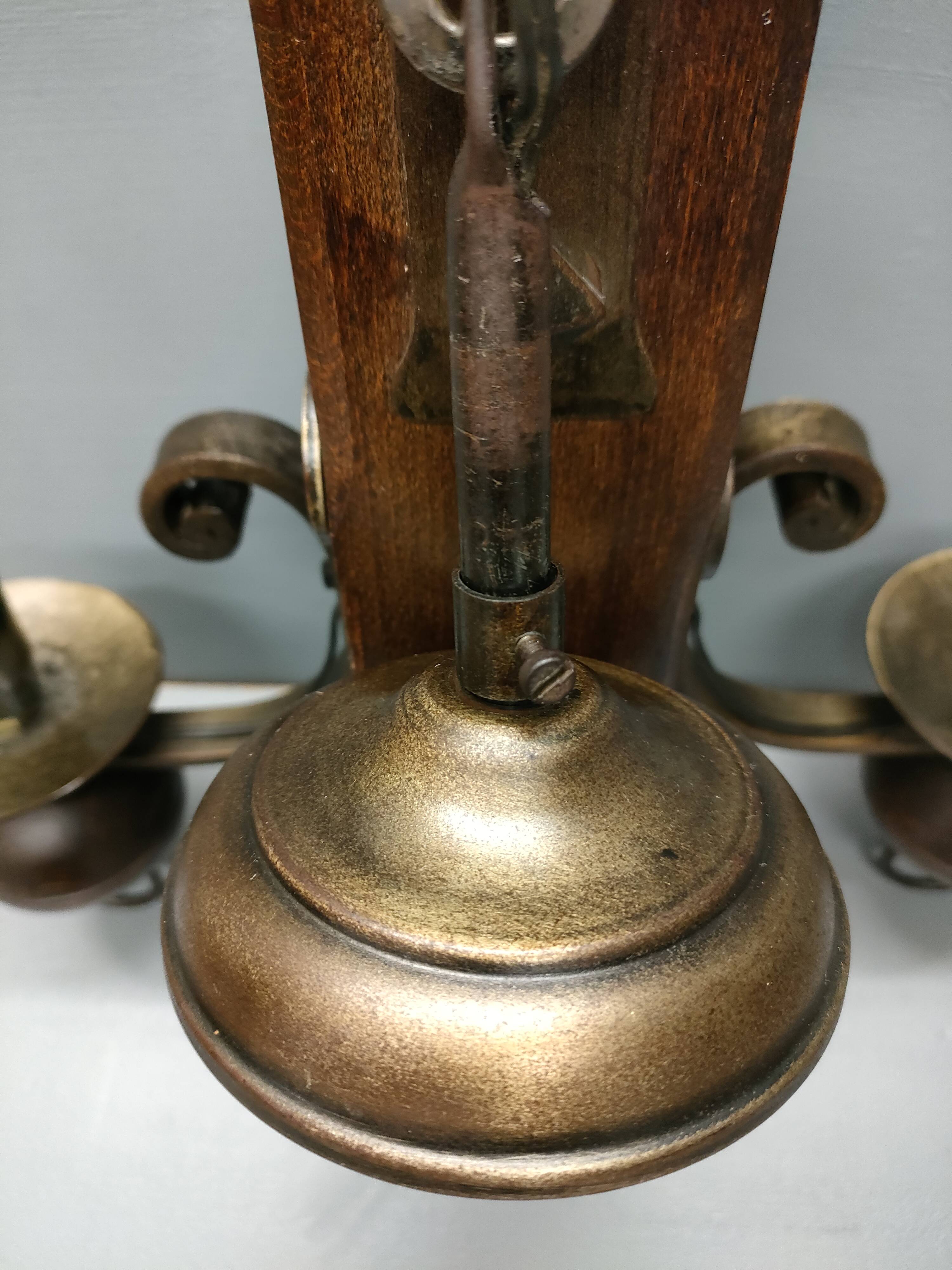 Medieval 2-light chandelier ~ hammered and patinated wrought iron ~ oak ~ 60s ~ France