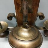 Medieval 2-light chandelier ~ hammered and patinated wrought iron ~ oak ~ 60s ~ France