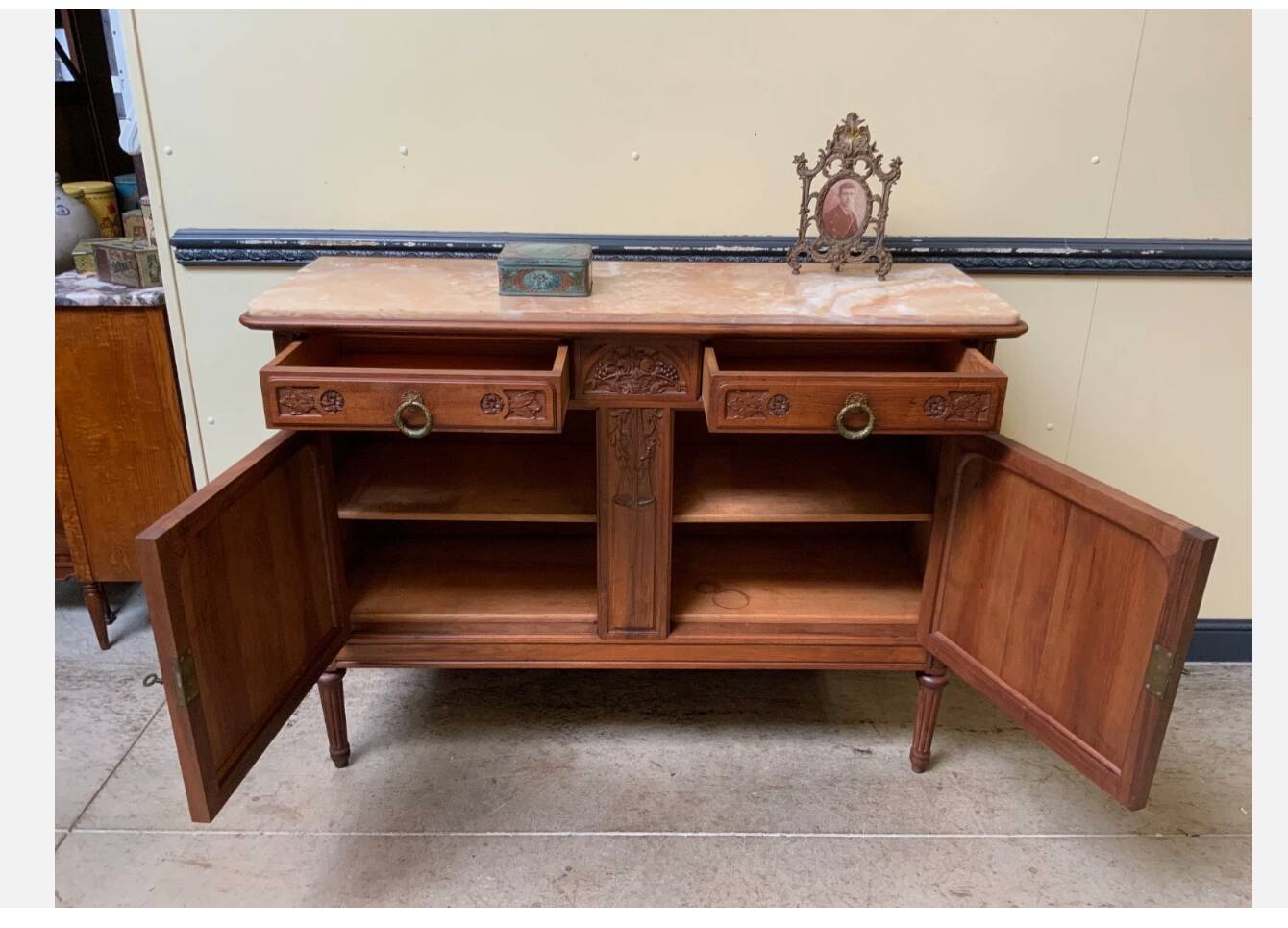 Antique Art Nouveau walnut sideboard, chest of drawers,
