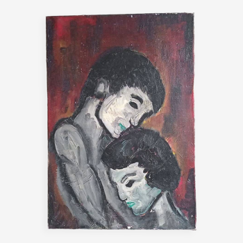 Oil on canvas - embracing couple - 55 x 38 cm