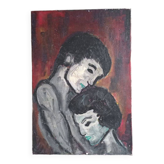 Oil on canvas - embracing couple - 55 x 38 cm