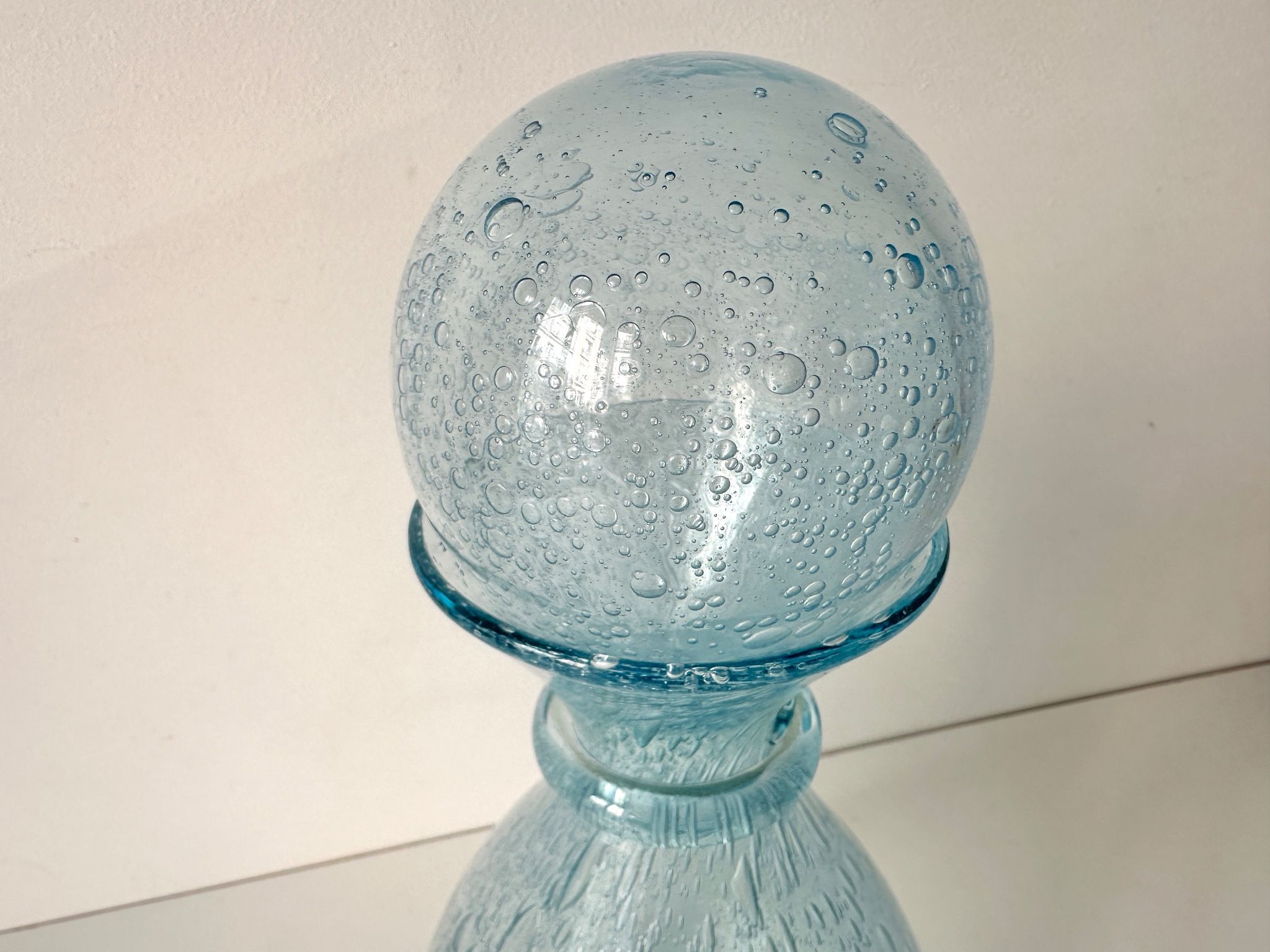 Vintage 1960s blue bubble glass BIOT carafe