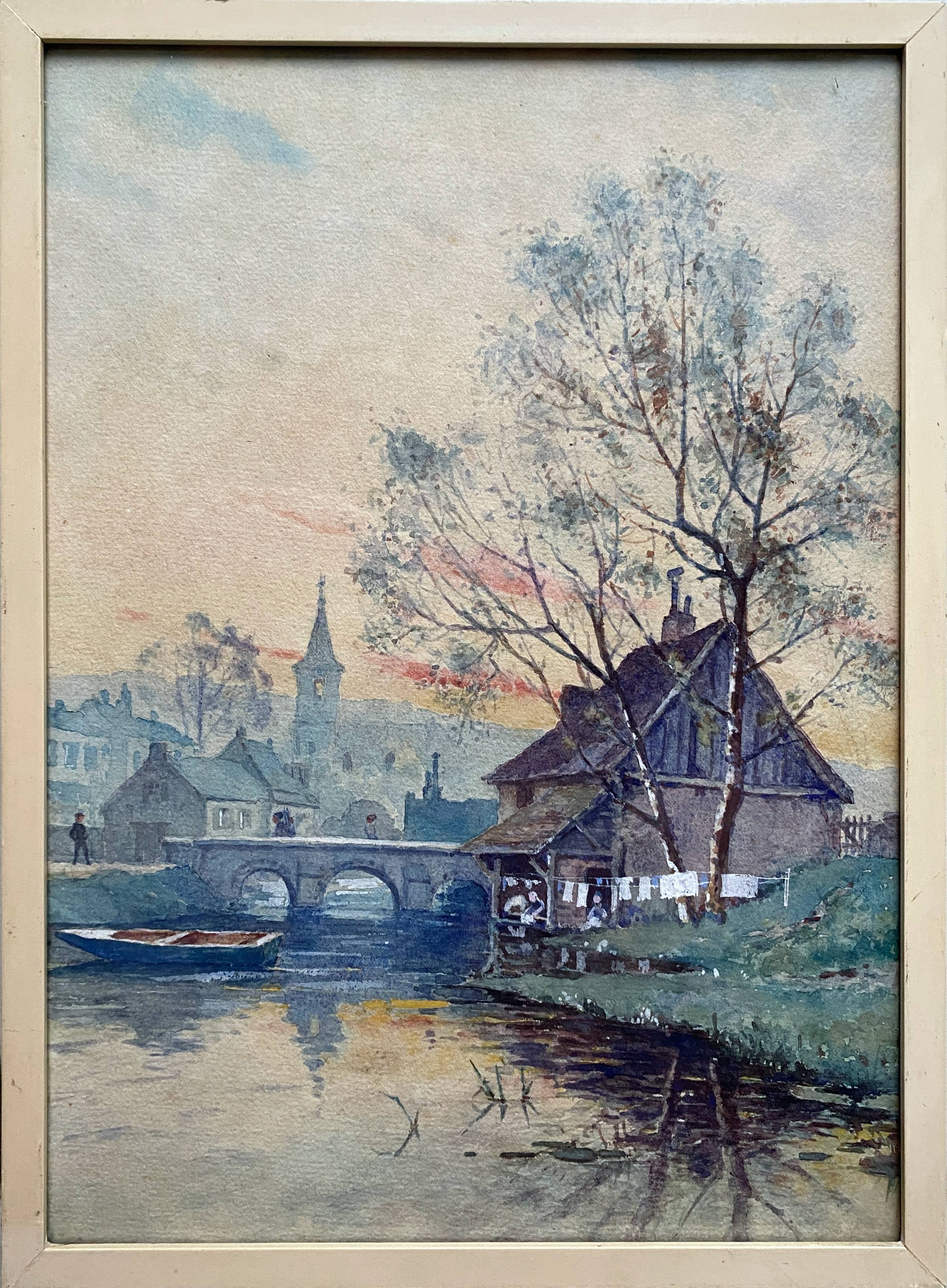 Watercolor Painting "Landscape at the River at Dusk" early 20th century