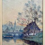 Watercolor Painting "Landscape at the River at Dusk" early 20th century