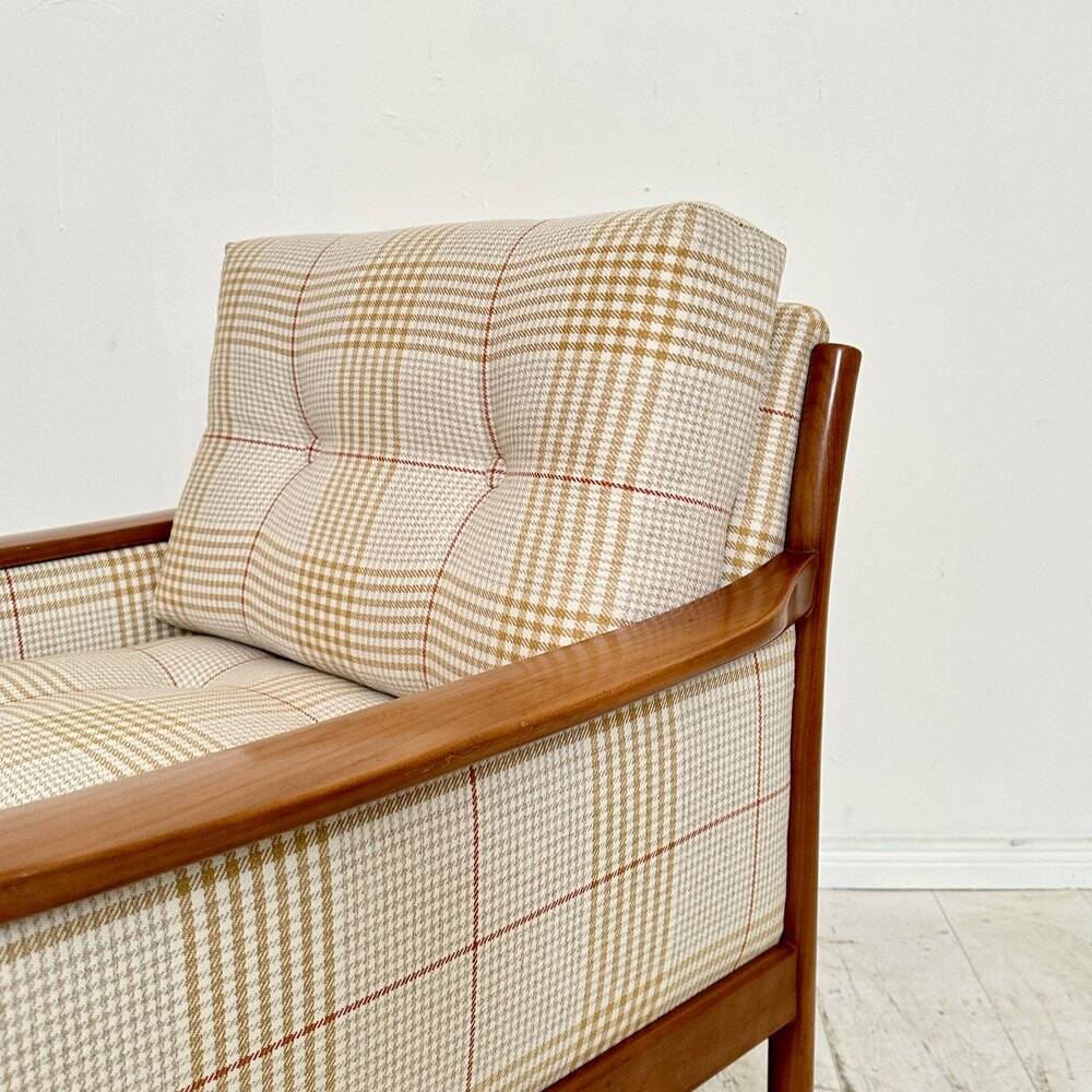 Mid-Century Scandinavian Armchair in Cherry Wood and Checked Fabric, 1960s