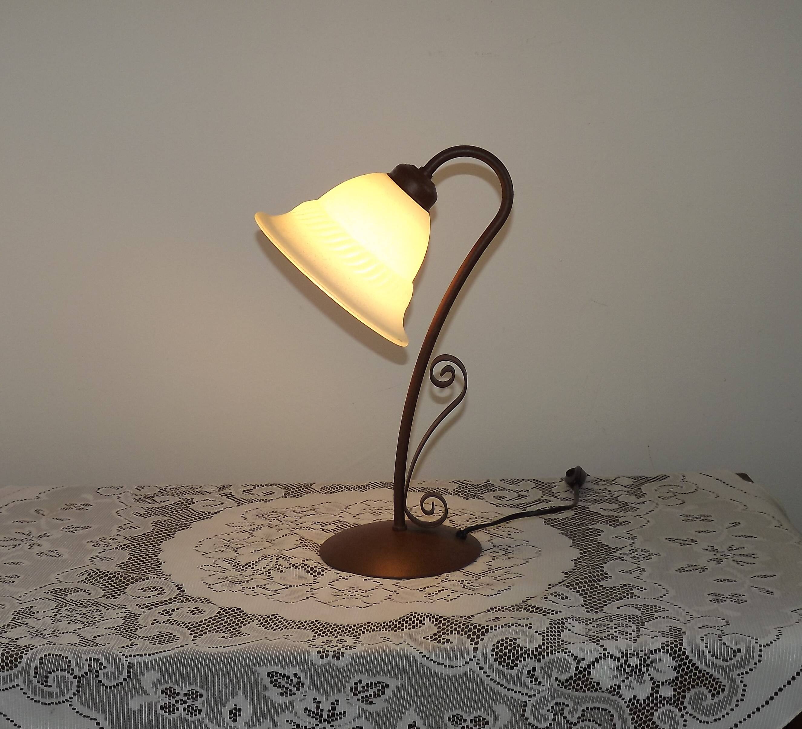 Vintage French Brown Metal Goose Neck Lamp With Textured Glass Shade