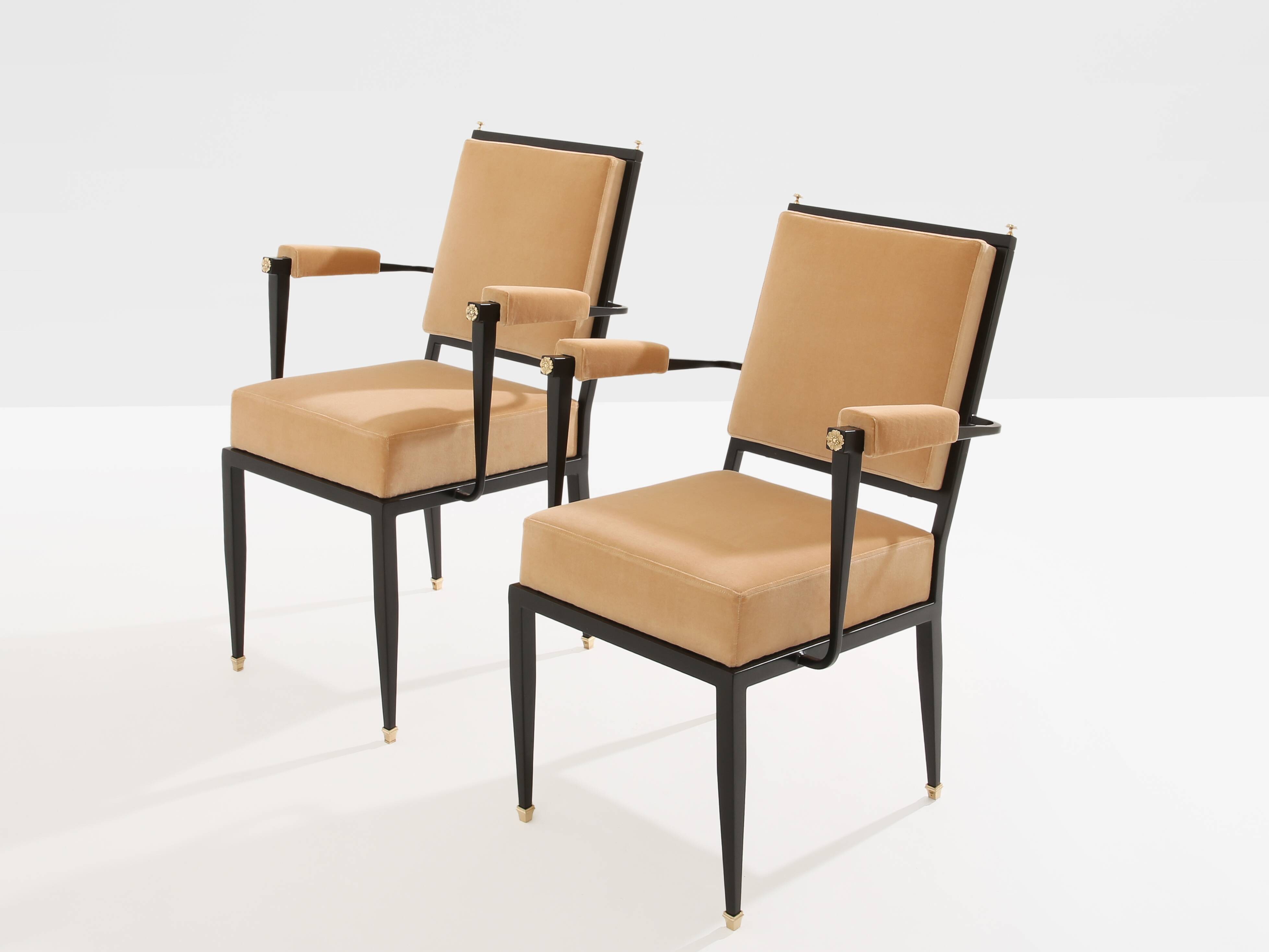 André Arbus attributed neoclassical armchairs metal bronze velvet 1940