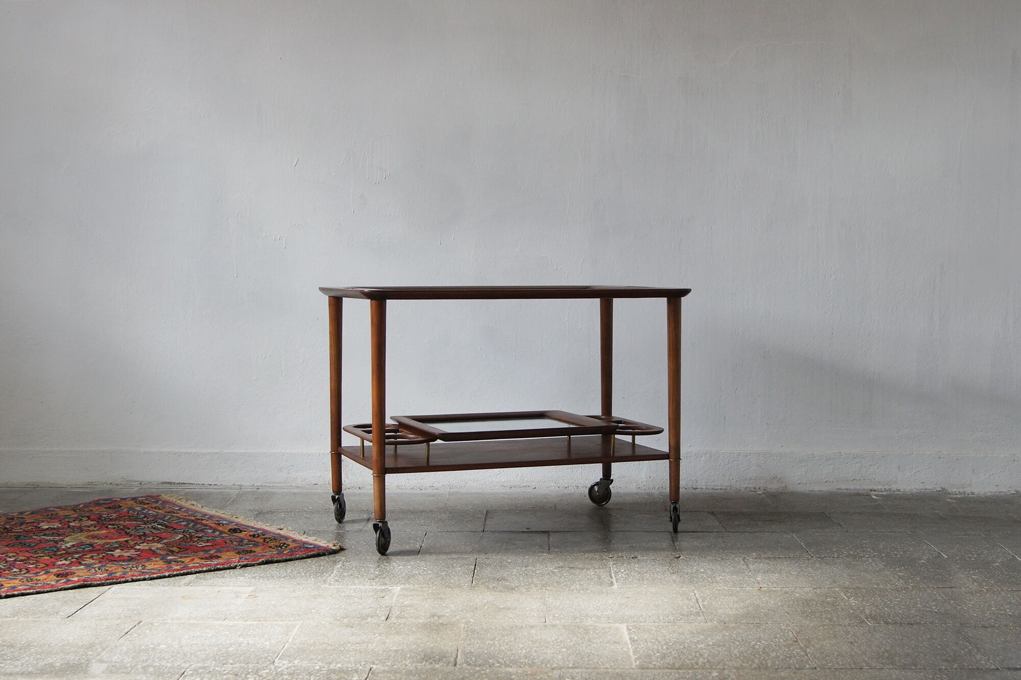Italian Modern Mahogany Bar Cart with Serving Tray