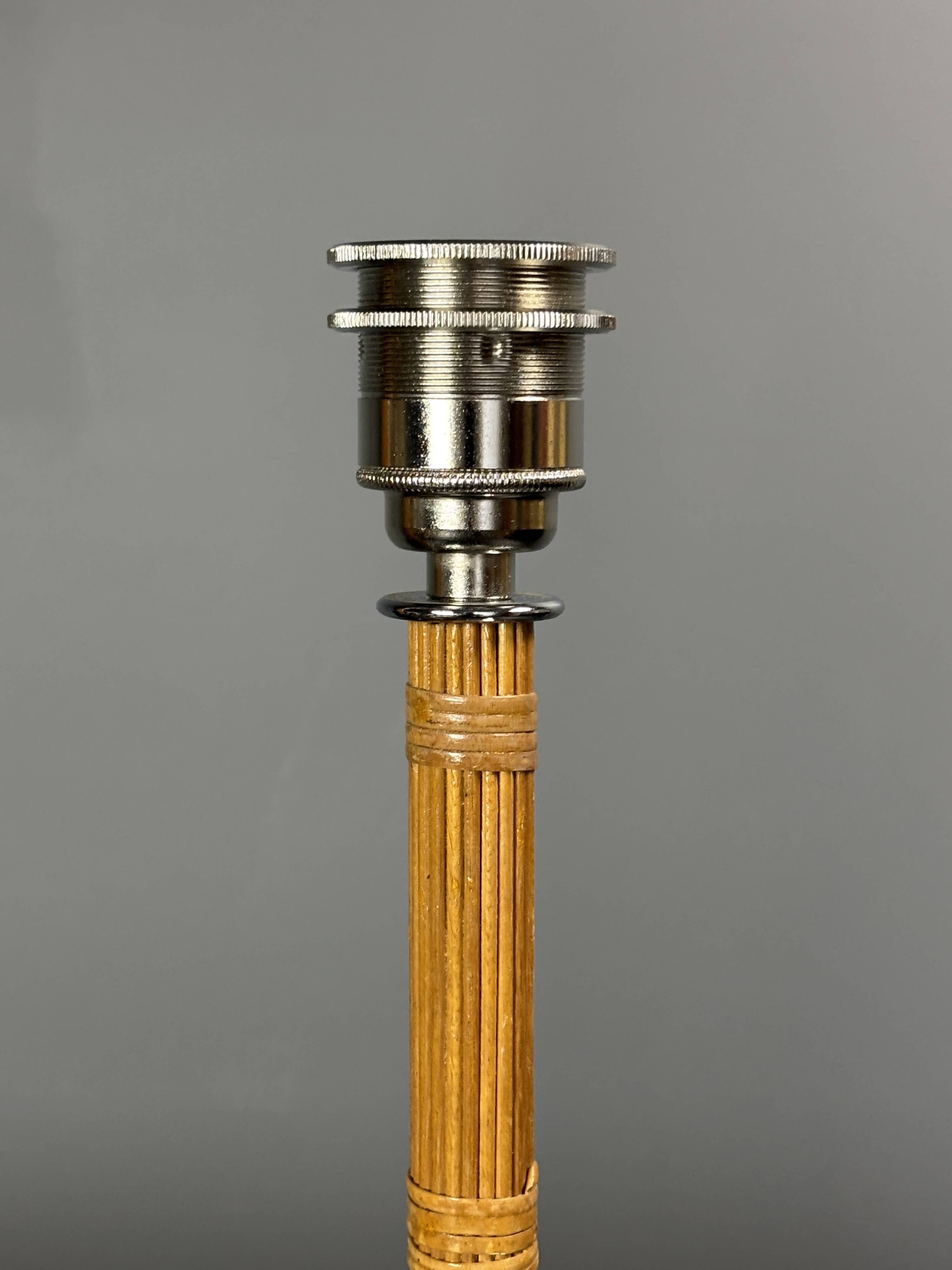 Set of 2 pencil reed rattan bamboo and chrome table lamps, 1980s