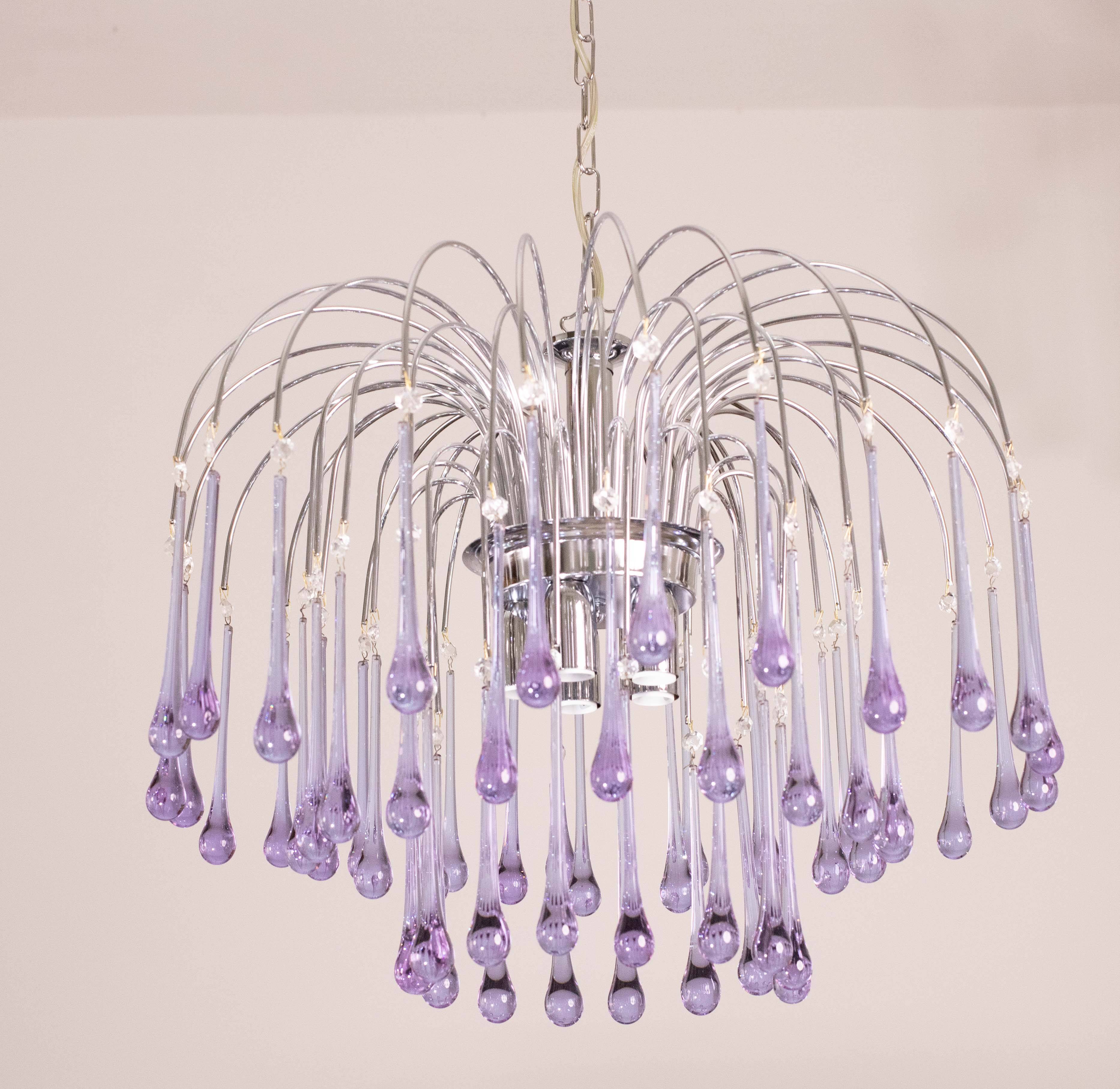 The Purple Crown, LArge Size Murano Chandelier Purple and Crystal Drops, 19