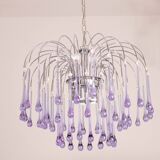 The Purple Crown, LArge Size Murano Chandelier Purple and Crystal Drops, 19