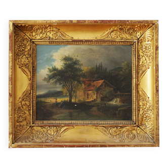 <Countryside with farms and peasants>,French painter from the 19th century