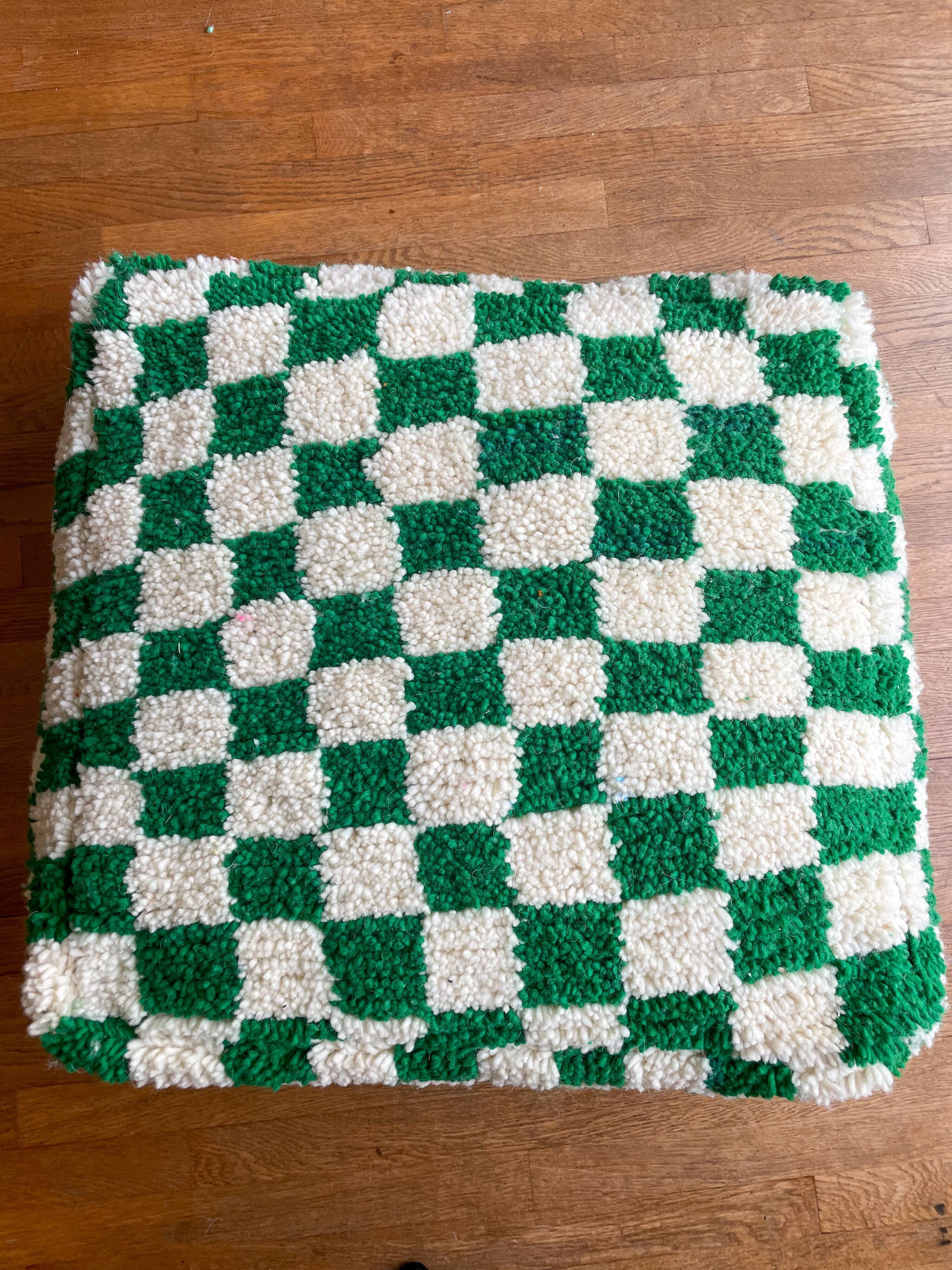Moroccan Berber pouf with fir green and bohemian off-white checkered