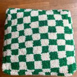Moroccan Berber pouf with fir green and bohemian off-white checkered
