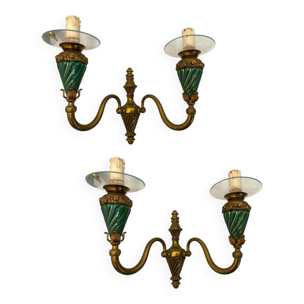 Lot de 2 appliques en bronze et céramique des années 1950 — Beyit