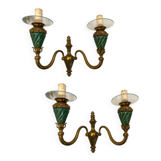 Lot de 2 appliques en bronze et céramique des années 1950
