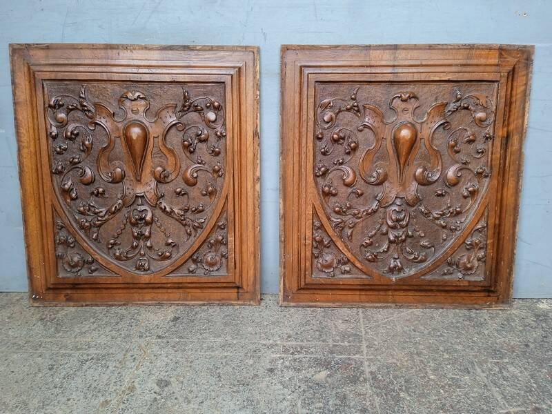 2 carved walnut woodwork panels early 20th century