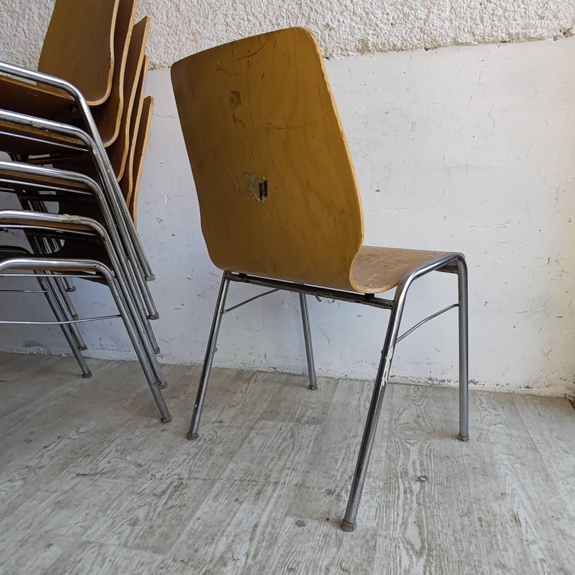 Set of 6 Vintage Bentwood Stacking Chairs Chrome Frame Mid Century