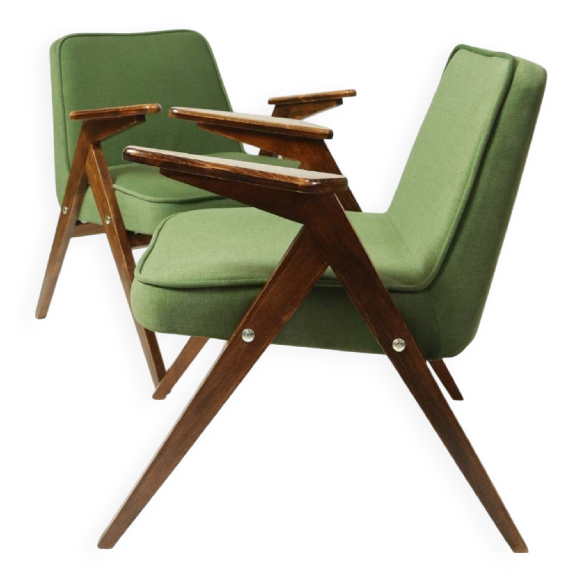 Pair of vintage royal green velvet armchairs by Chierowski design